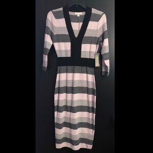 NY&Co 🔥 Striped V-Neck Midi Dress - Pink & Gray